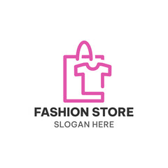 Fashion store logo concept in outline style. Shop and T shirt vector illustration