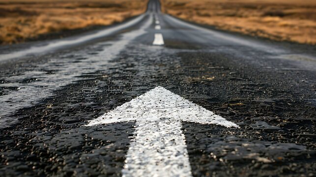 A path of endless possibilities with an image capturing an asphalt road disappearing into the horizon, marked by a painted white arrow pointing forward, serving as a symbol of motivation progress