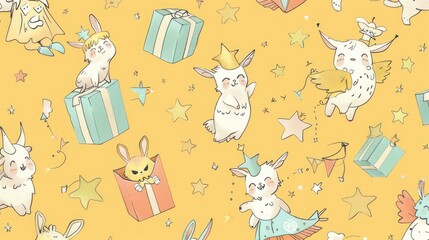  a pattern of cute cartoon llamas, box-laden fairies, enchanted character designs, playful anime designs