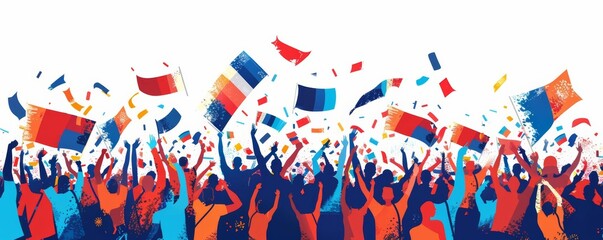 Obraz premium Fans holding up Paris 2024 banners and signs, excited crowd, isolated white background