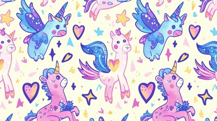  a pattern of cute cartoon llamas, winged hearts of fantasy, fantastical anime aesthetics, vibrant anime illustrations
