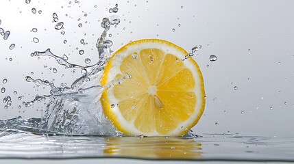 Minimalistic and modern, a simple yet striking image of a lemon splashing into clear water, with ripples spreading outwards