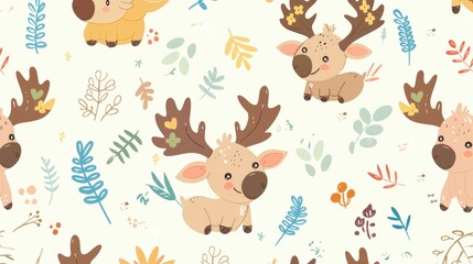 Fototapeta premium a pattern of cute cartoon moose, boxed-back fairies, handcrafted anime fantasy, adorable anime prints