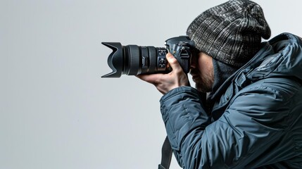 Professional photographer capturing moments at Paris 2024, camera focused, isolated white background