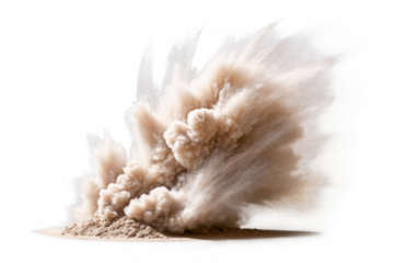 Dust cloud explosion captured in high-definition, set against a transparent, white background, png, for dramatic effects