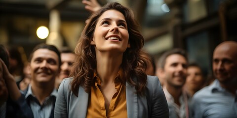 Obraz premium Businesswoman actively engaging in a conference meeting raising her arm to participate. Concept Professional,Businesswoman,Conference,Engagement,Participation