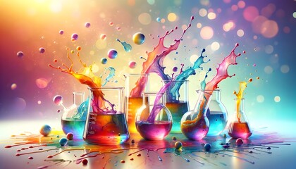 A dazzling array of colorful liquids splash from multiple beakers, creating a vivid and energetic display, representing the intersection of chemistry and creativity.