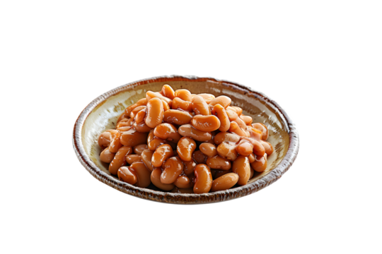Bowl of baked beans in a brown ceramic dish. High-quality perfect for food blogs, recipe books, and culinary articles.