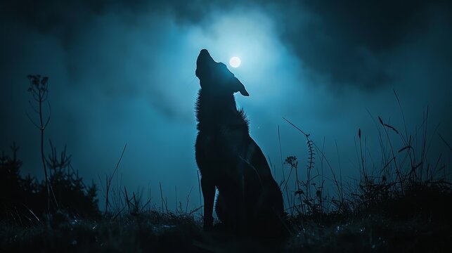 Create an image of a dog howling at the moon in the midnight