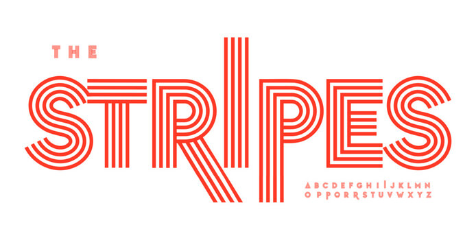 Striped retro alphabet, linear geometric pattern letters design, outline bauhaus font for modern headlines, creative designs, retro posters, branding, and stylish logos. Vector typeset.