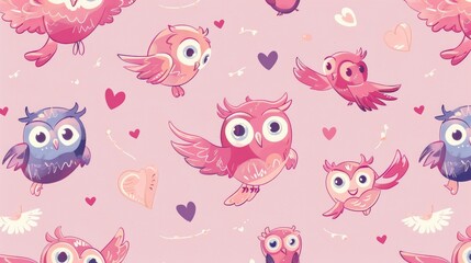  a pattern of cute cartoon owls, heart-winged flyers, enchanted character designs, fun anime artwork