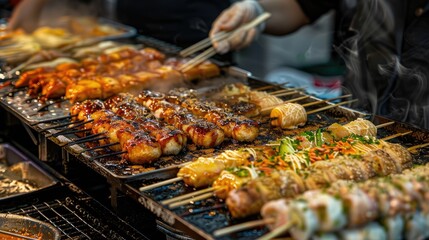 Naklejka premium A selection of Japanese street food including taiyaki, yakisoba, and okonomiyaki at a bustling night market