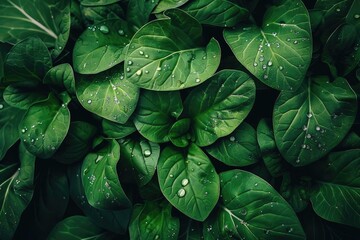 Fototapeta premium Close-up of lush green leaves with water droplets. Perfect for nature, freshness, and botanical themes.
