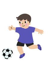 Illustration of a boy kicking a soccer ball. Children football concept. Simple flat vector design for print and children books. 