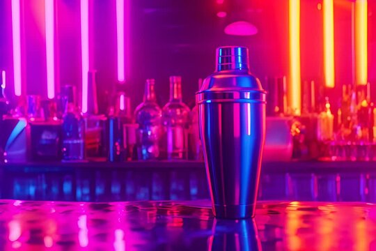 Cocktail Shaker on Neon Background, Singl Bar Drink Mixer, Metal Cocktail Shaker, Copy Space, Generative AI Illustration