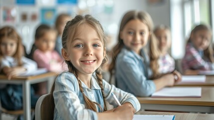 primary elementary school group of children studying in the classroom. learning and sitting at the desk. young cute kids smiling, high quality photo