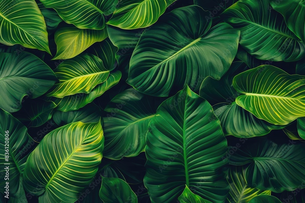 Poster close-up view of lush, green tropical leaves with intricate vein patterns, creating a vibrant, natur