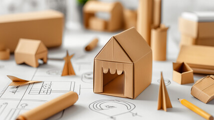 A close-up shot of a cardboard house model, with various other smaller cardboard creations scattered around it. The table is covered in a white sheet of paper with pencil drawings.