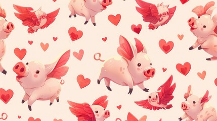  a pattern of cute cartoon pigs, heart-shaped winged creatures, whimsical character art, anime art for young hearts