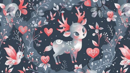  a pattern of cute cartoon reindeer, heart-shaped winged spirits, enchanted anime creations, adorable anime prints