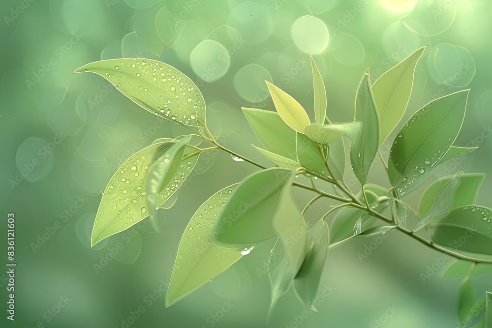 Aufkleber close-up of fresh green leaves with water droplets, bokeh background. serene nature scene ideal for 