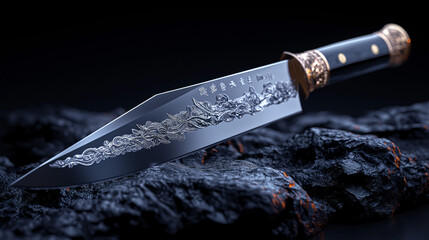A meticulously crafted knife with intricate carvings lies on a dark, rocky surface. The blade reflects light, showcasing its ornate design