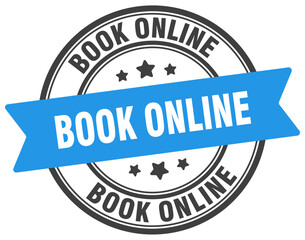 book online stamp. book online label on transparent background. round sign