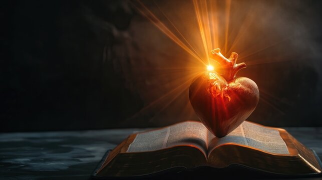 Jesus's sacred heart on top of an open Holy Bible with sun rays of light from above, on black background for overlay