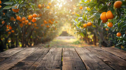 A wooden table in a orange orchard with ripe oranges hanging from trees, basking in warm sunlight, creating a picturesque and beautiful scene.