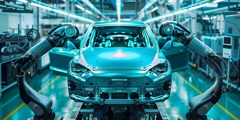 Fototapeta premium Robotic assembly line produces hightech electric vehicles with clean energy. Concept Electric Vehicles, Clean Energy, Robotic Assembly Line, High Tech Manufacturing, Sustainable Transportation