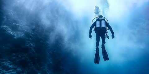 Fototapeta premium Deep sea diver exploring ocean depths. Concept Underwater Exploration, Ocean Wildlife, Scuba Diving, Deep Sea Adventure, Underwater Photography