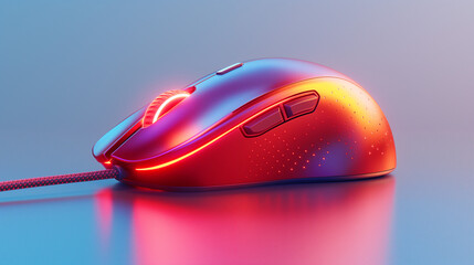 A red gaming mouse with a glowing light along its edge sits on a reflective surface. The mouse is...