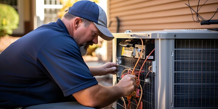 HVAC technician servicing a heat pump. Concept Heat pump maintenance, HVAC repair, Air conditioning service, Heating systems, Home maintenance