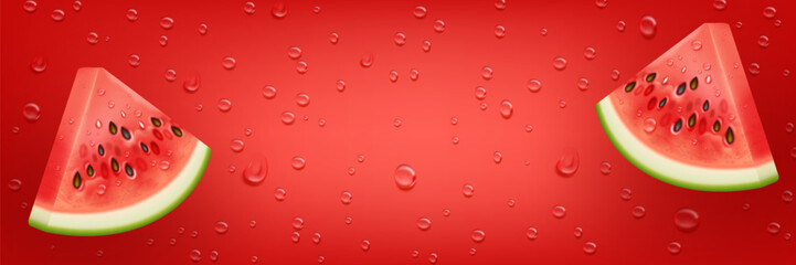 Realistic watermelon slices with water drops on red background. Web banner template, sale background with 3D elements.