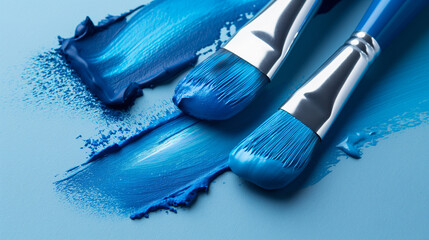 A close-up photo of two blue paintbrushes resting on a light blue surface with streaks of fresh,...