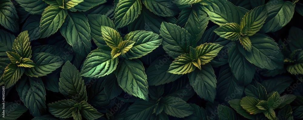 Poster Lush green leaves with intricate patterns, creating a vibrant and calming natural scene perfect for backgrounds and nature-themed projects.