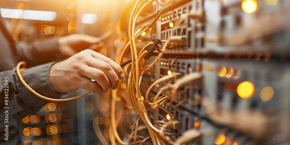 Poster technician connecting cables in server rack for data center maintenance. concept server rack install