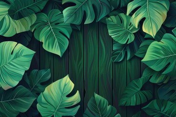 Fototapeta premium A lush arrangement of tropical green leaves against a dark wooden background, creating a vibrant and natural aesthetic scene.