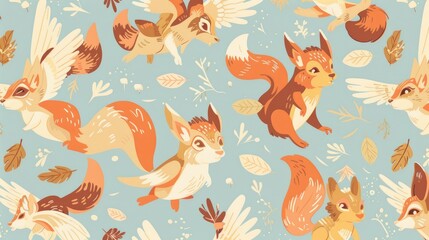  a pattern of cute cartoon squirrels, square box wings, whimsical anime creatures, colorful anime art