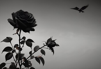 Obraz premium black rose and flying bird on dark gray background for obituary notice, funeral announcement, necrology