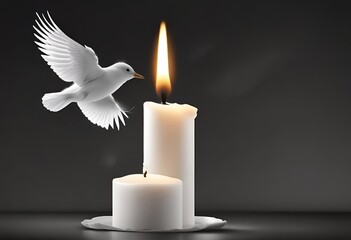 flying dove and white burning candle on black background for obituary notice, funeral announcement, necrology