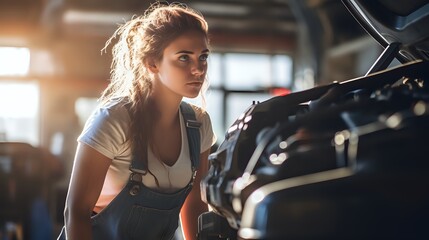 A young woman mechanic looking at a car engine