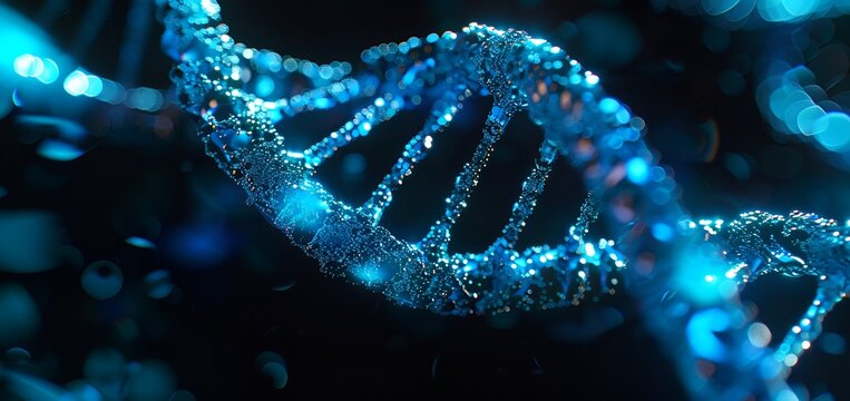 Explore the essence of life with a real photo featuring a cyan DNA strand, its intricate structure illuminated against a dark background, symbolizing the blueprint of existence and the marvels of gene