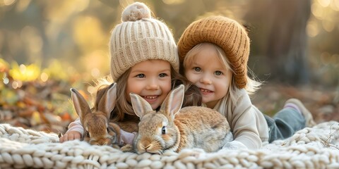 Obraz premium Two children and a cute bunny sharing a joyful moment together. Concept Outdoor Photoshoot, Joyful Portraits, Children, Bunny, Playful Poses