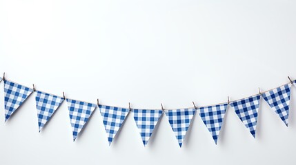 Blue and white checkered bunting flags on white background.