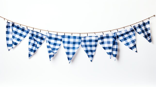 Blue and white checkered bunting banner on white background.