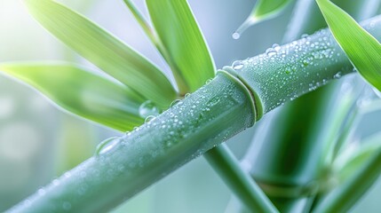 Obraz premium Close-up of fresh bamboo stalks with morning dew, green leaves, and soft lighting. Perfect for nature, zen, and botanical themes.