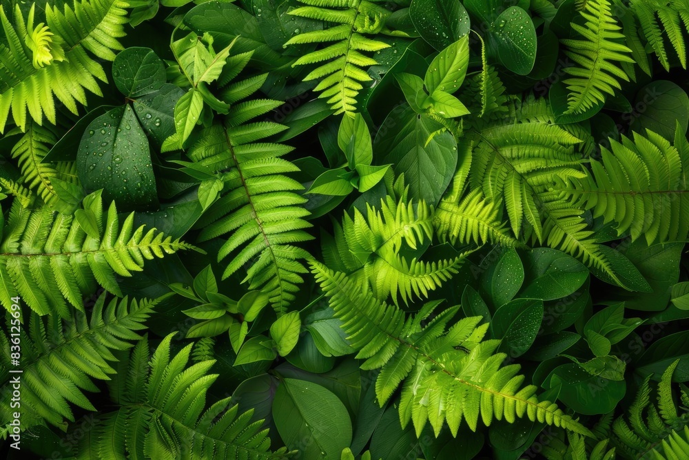 Poster close-up of lush green ferns and leaves creating a vibrant natural background filled with fresh, div