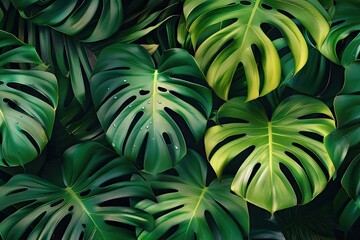 Fototapeta premium Lush green monstera leaves creating a vibrant jungle ambiance, perfect for backgrounds, nature themes, and botanical designs.