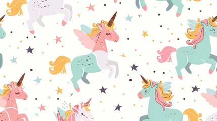  a pattern of cute cartoon unicorns, square-box flying fairies, hand-drawn enchanted beings, sweet and charming anime prints